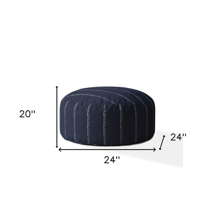 24" Blue Cotton Round Striped Pouf Cover