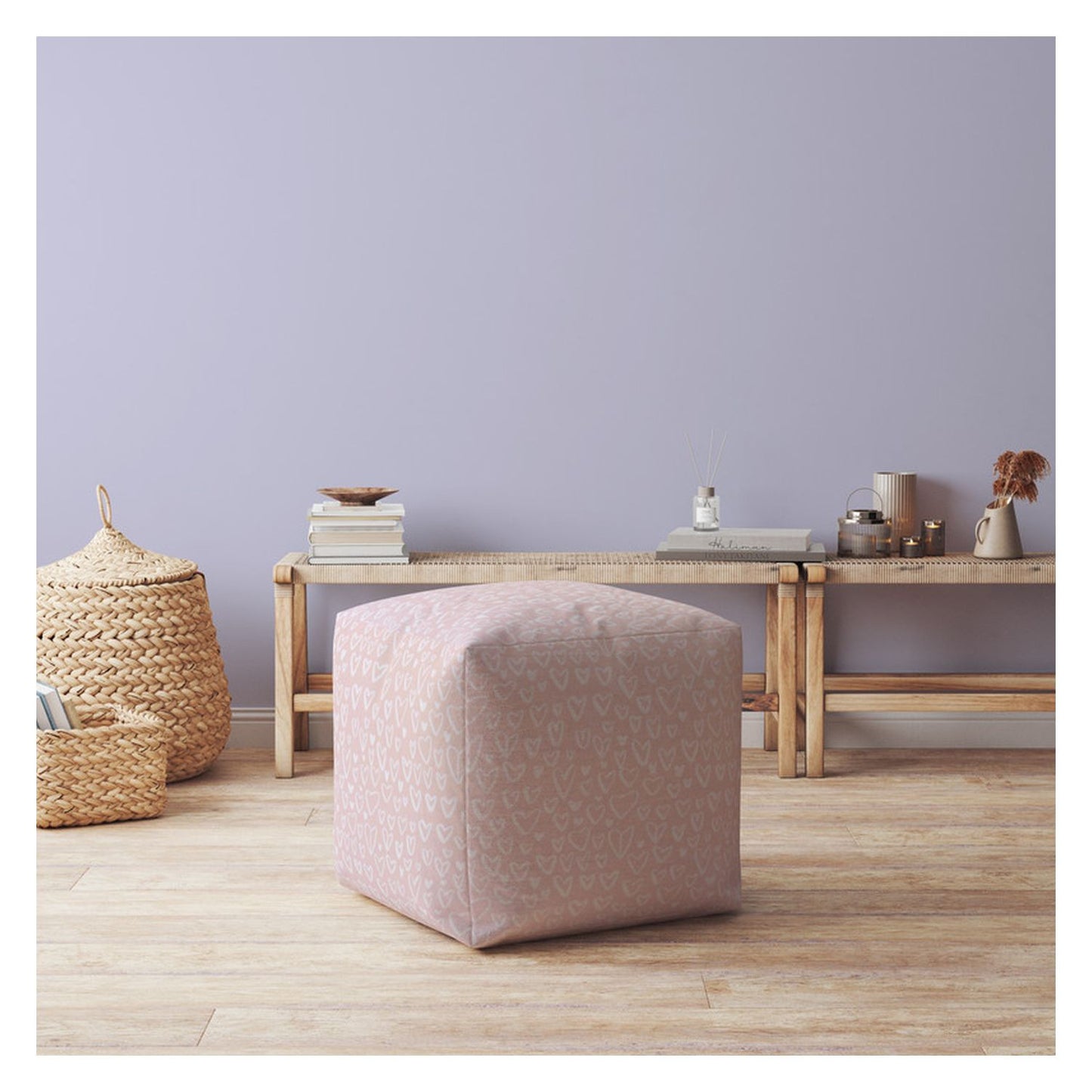 17" Pink Cotton Abstract Pouf Cover