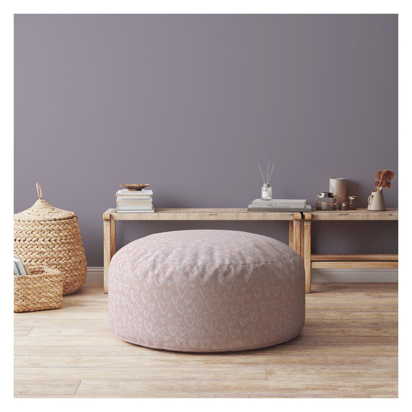 24" Pink Cotton Round Abstract Pouf Cover