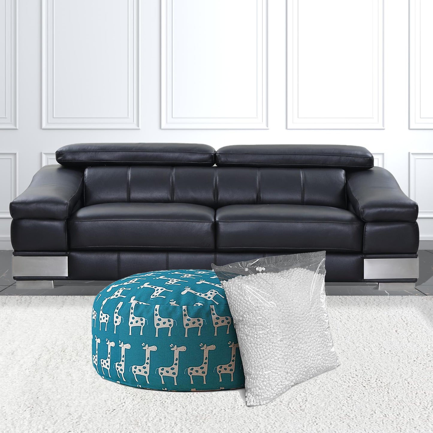 24" Blue And White Cotton Round Giraffe Pouf Cover