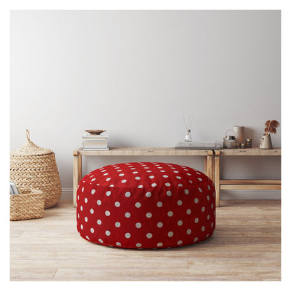 24" Red And White Cotton Round Polka Dots Pouf Cover