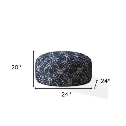 24" Blue And White Canvas Round Damask Pouf Cover