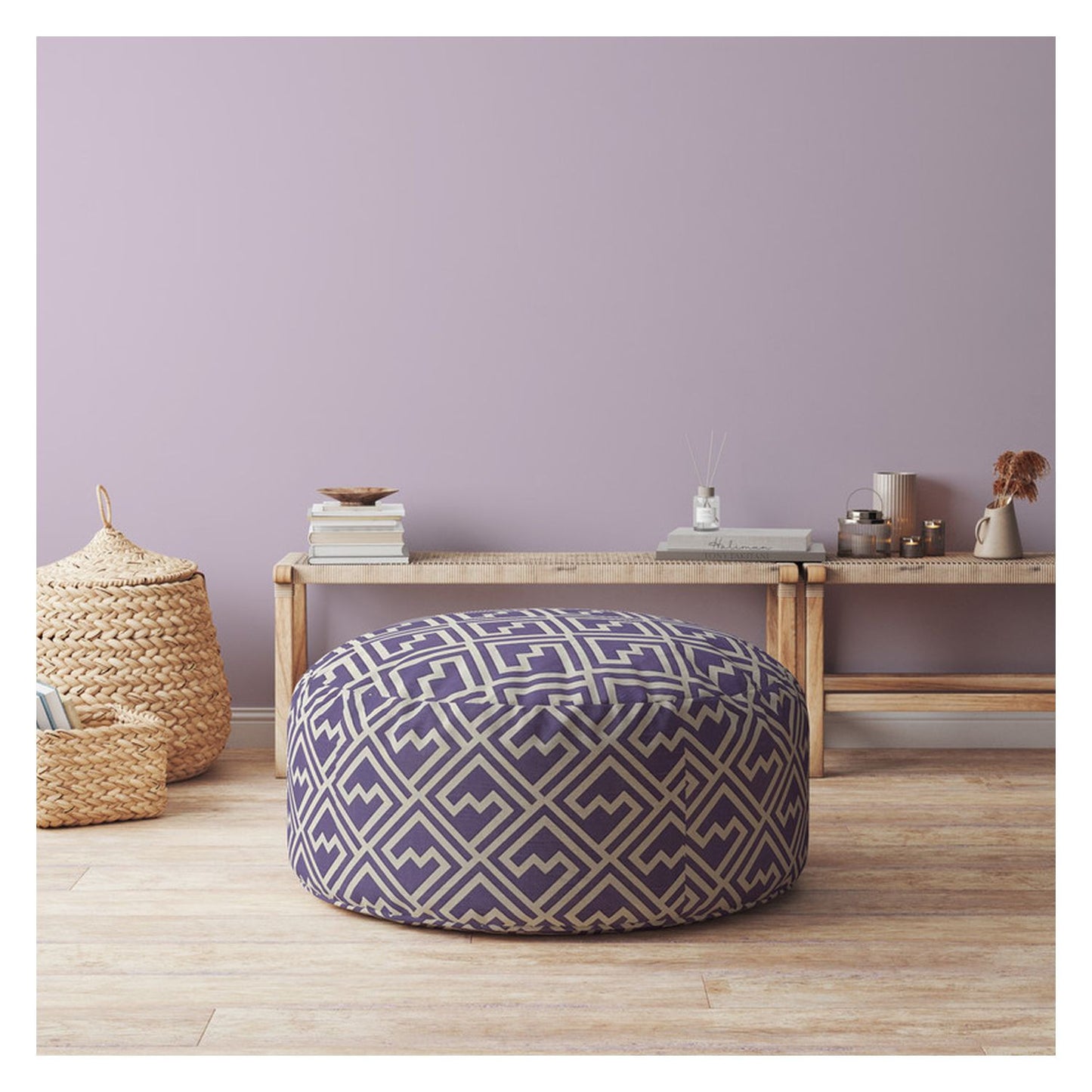 24" Purple And White Cotton Round Abstract Pouf Cover