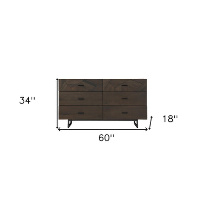 60" Dark Brown Solid Wood Six Drawer Double Dresser