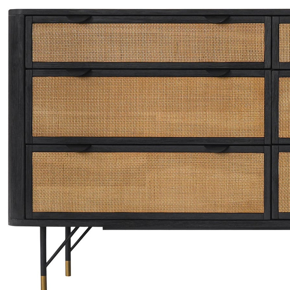 61" Natural and Black Solid Wood Six Drawer Double Dresser