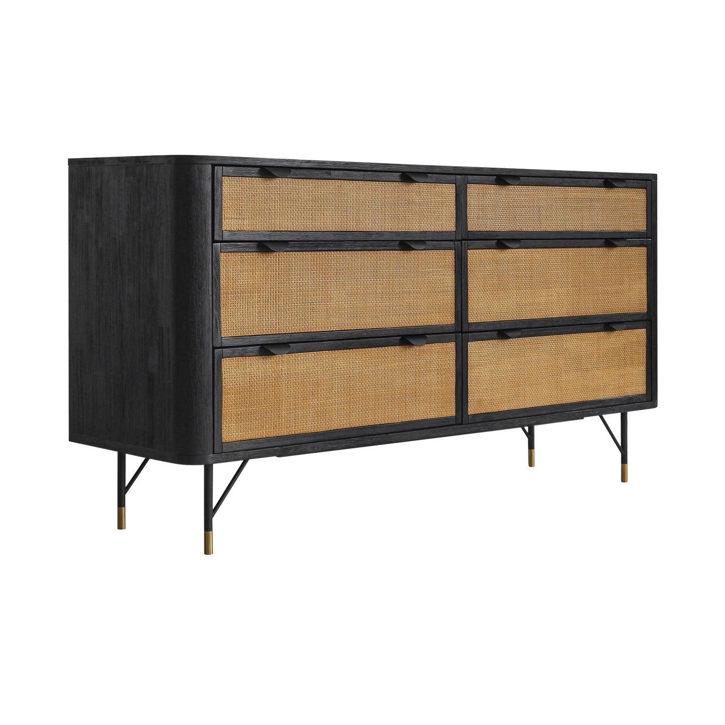 61" Natural and Black Solid Wood Six Drawer Double Dresser