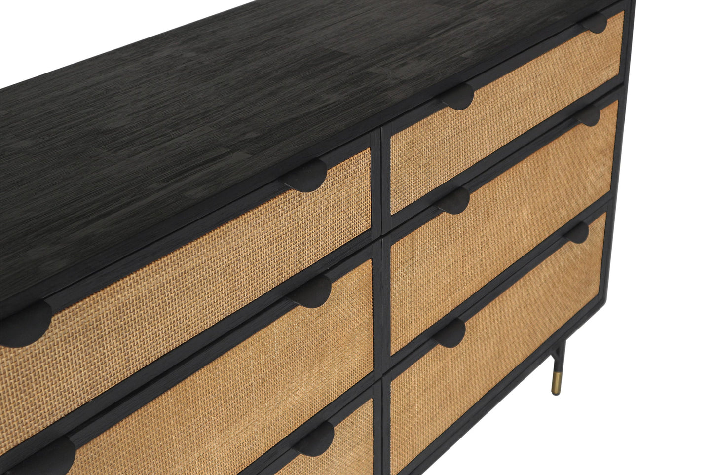 61" Natural and Black Solid Wood Six Drawer Double Dresser