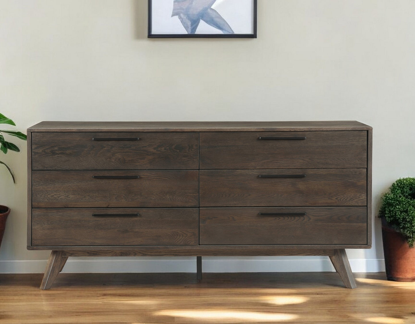 63" Dark Brown Solid Wood Six Drawer Double Dresser