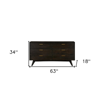 63" Brown Solid Wood Six Drawer Dresser