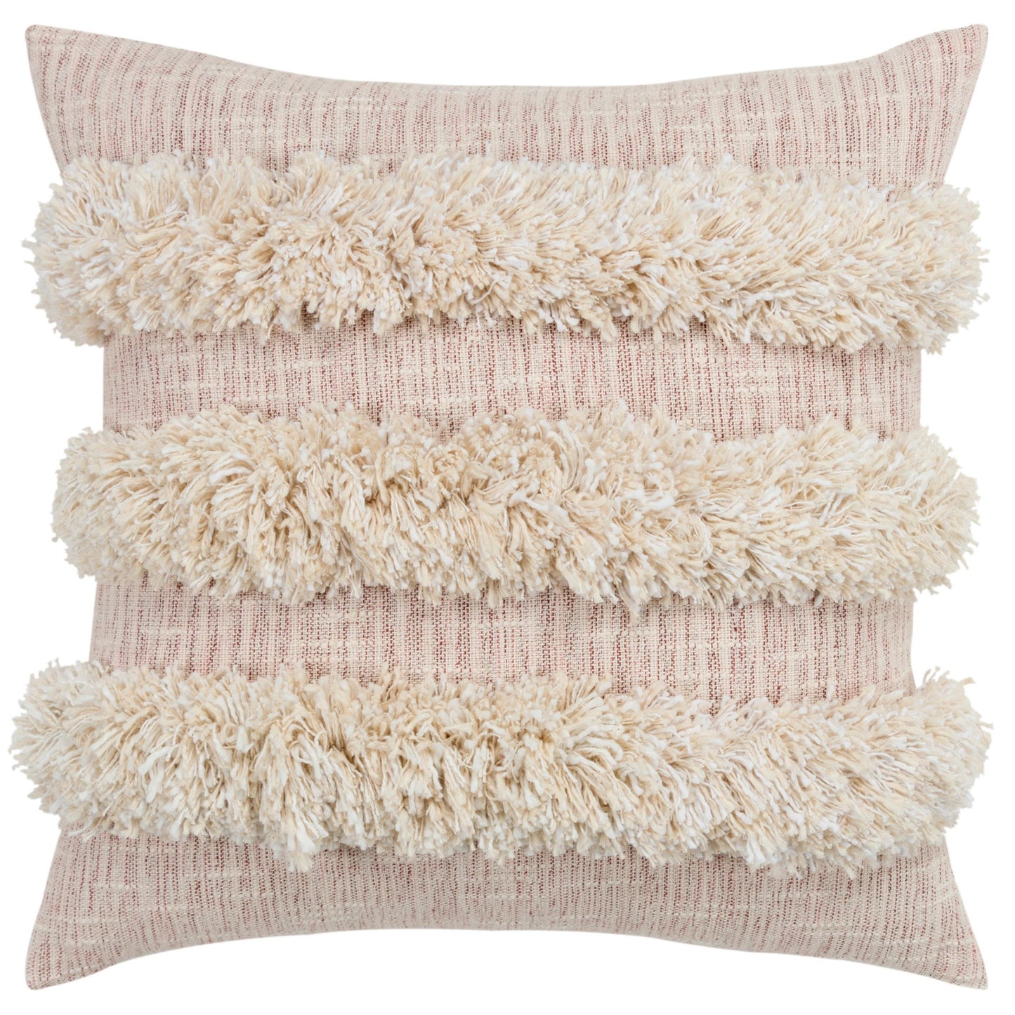 20" Beige and Pink Cotton Pillow With Fringe Edges