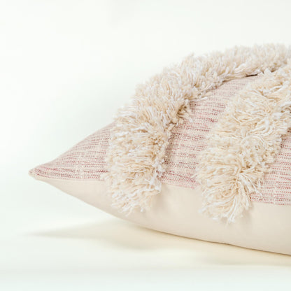 20" Beige and Pink Cotton Pillow With Fringe Edges