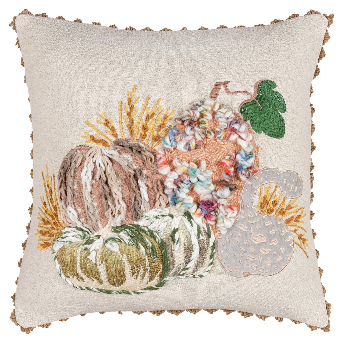 20" Beige and Green Thanksgiving Cotton Pillow With Applique, Embroidery Edges