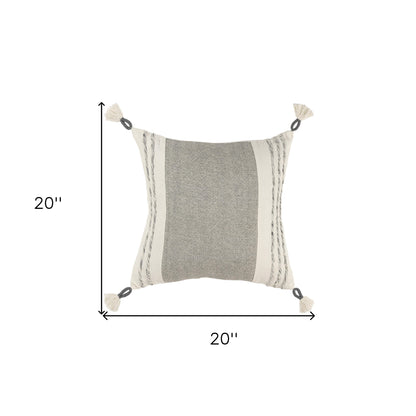 20" Gray and White Color Block Cotton Throw Pillow With Tassels