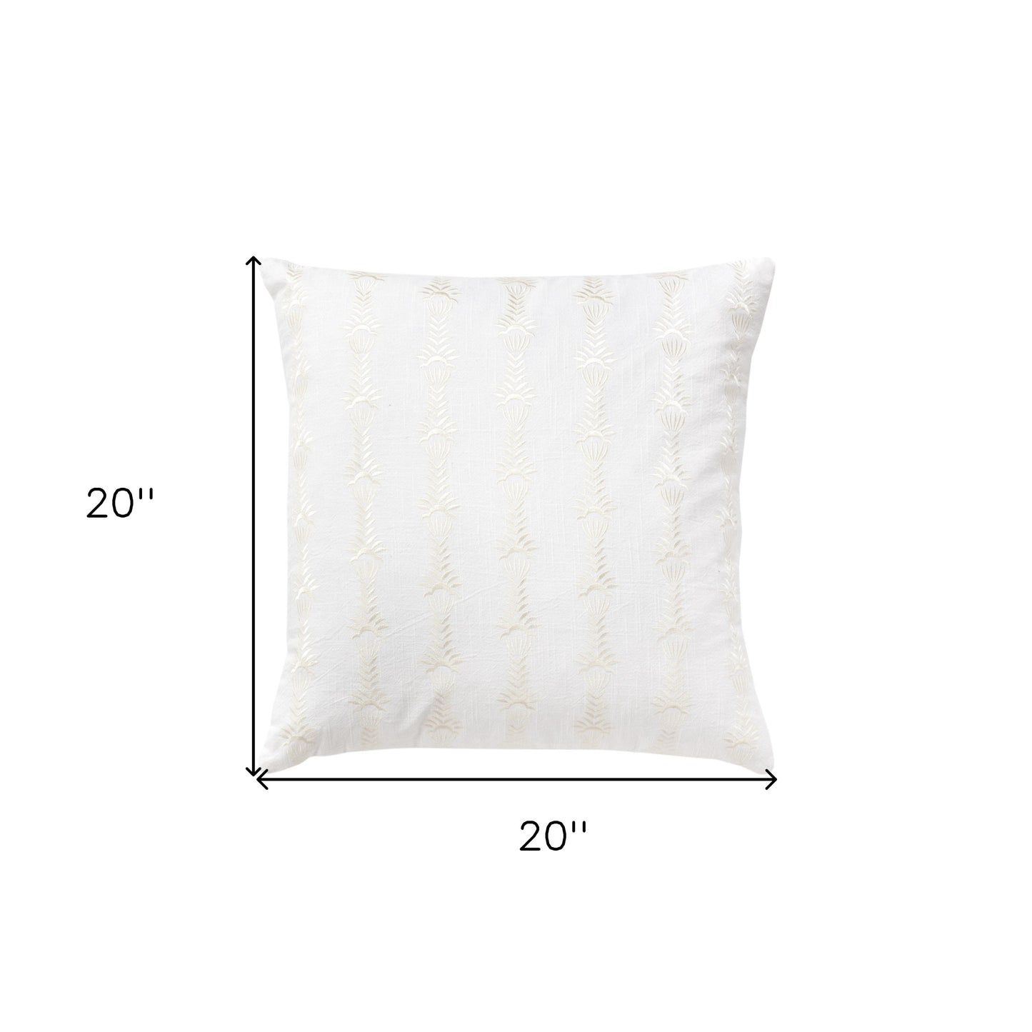 20" White Botanical Stripe Cotton Throw Pillow With Embroidery