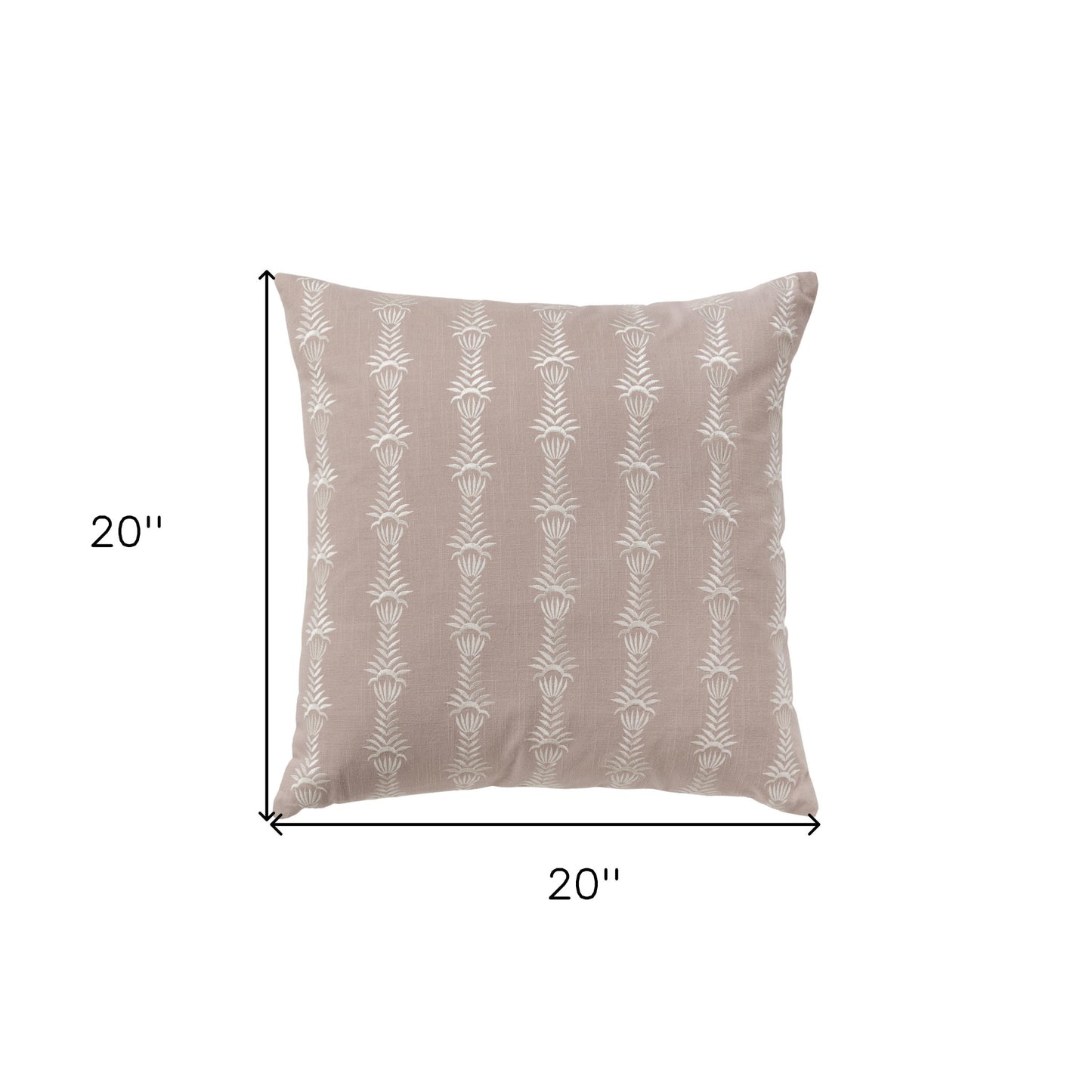 20" Pink and White Botanical Stripe Cotton Throw Pillow With Embroidery