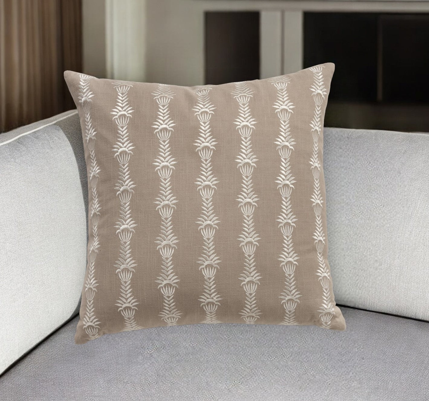 20" Taupe and White Botanical Stripe Cotton Throw Pillow With Embroidery