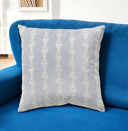 20" Light Blue and White Botanical Stripe Cotton Throw Pillow With Embroidery