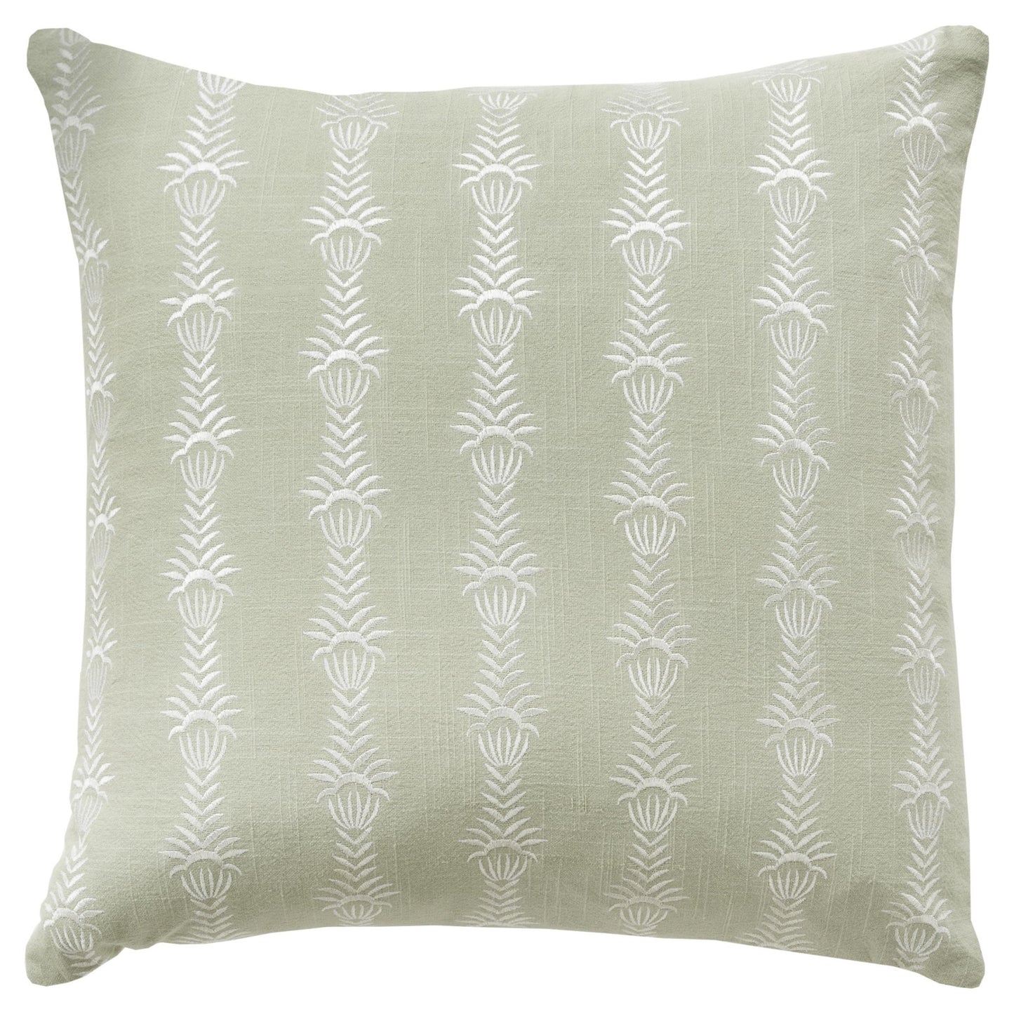 20" Green and White Botanical Stripe Cotton Throw Pillow With Embroidery