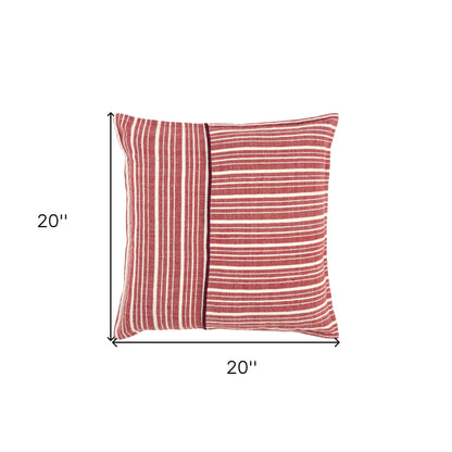 20" Red and Ivory Striped Cotton Throw Pillow