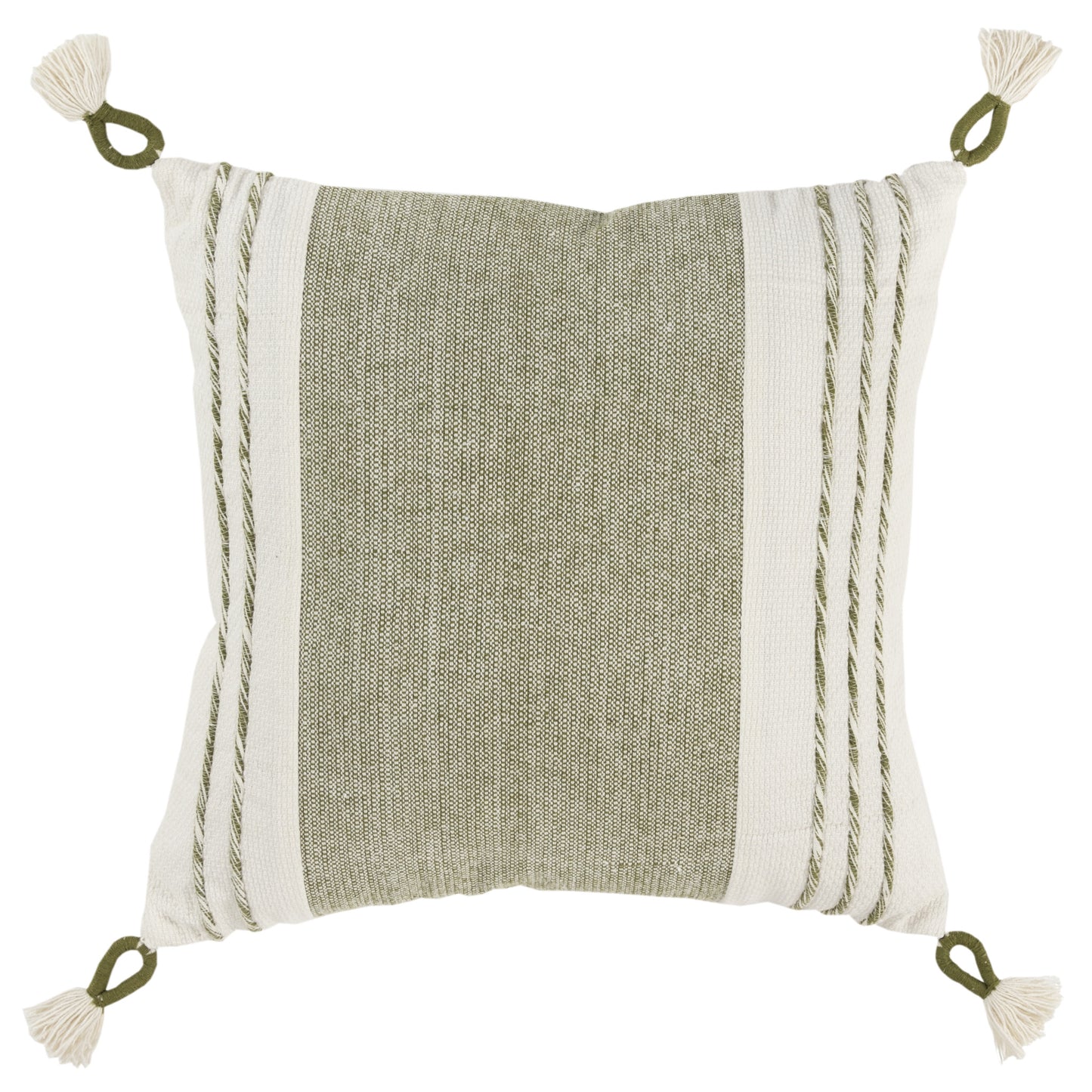 20" Green and White Color Block Cotton Throw Pillow With Tassels