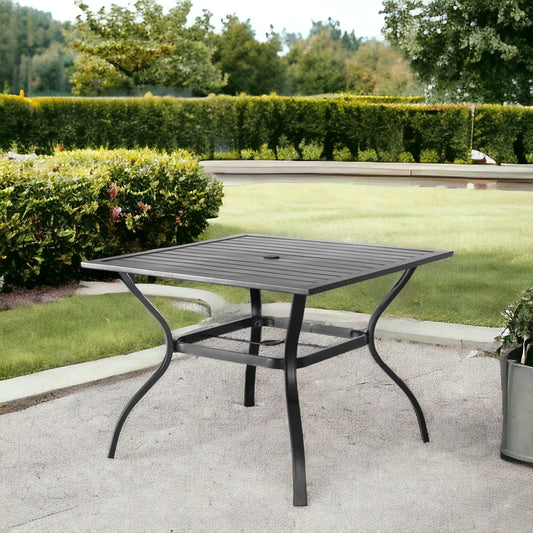 37" Black Square Metal Outdoor Dining Table with Umbrella Hole