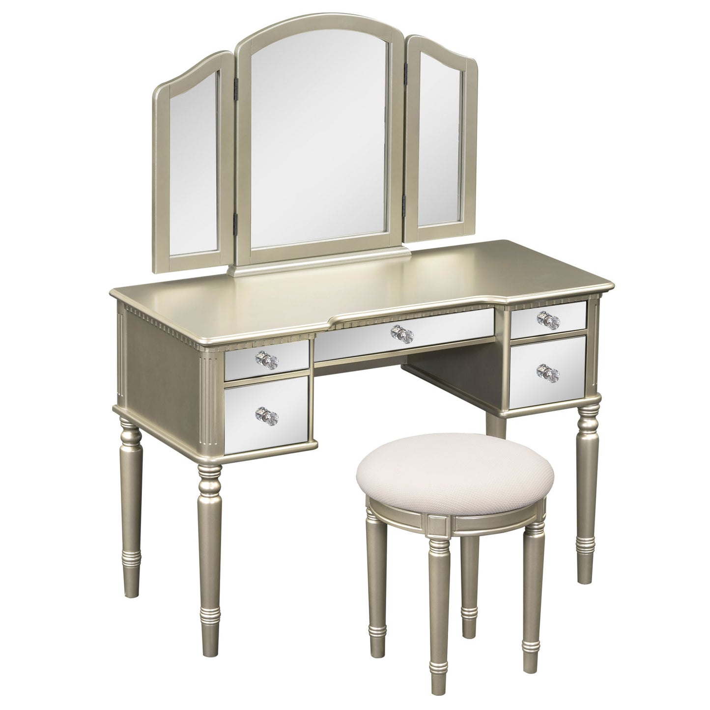 GO 43" Dressing Table Set with Mirrored Drawers and Stool, Tri-fold Mirror, Makeup Vanity Set for Bedroom, Gold