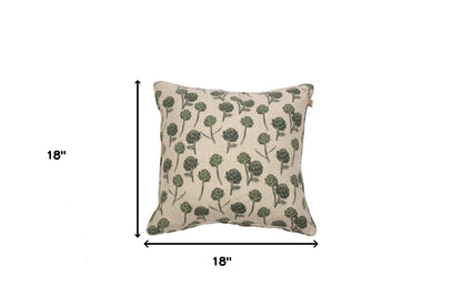 Set of Two 18" Beige and Green Artichoke Cotton Throw Pillow