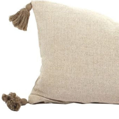 Set of Two 12" X 24" Taupe Herringbone Cotton Throw Pillow With Tassels