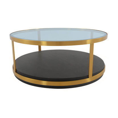 43" Clear And Black Gold Glass And Solid Wood and Metal Round Coffee Table With Shelf