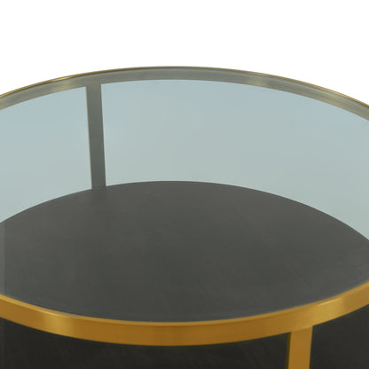 43" Clear And Black Gold Glass And Solid Wood and Metal Round Coffee Table With Shelf