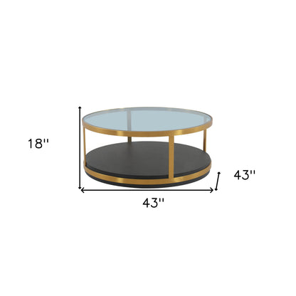 43" Clear And Black Gold Glass And Solid Wood and Metal Round Coffee Table With Shelf