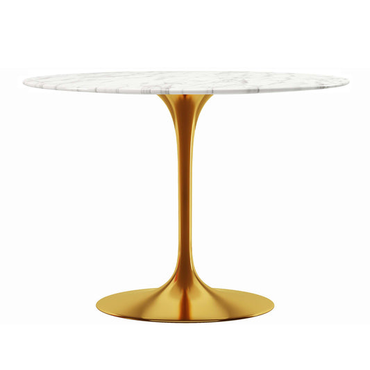 40" White And Gold Rounded Marble And Metal Pedestal Base Dining Table