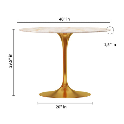 40" White And Gold Rounded Stone And Metal Pedestal Base Dining Table