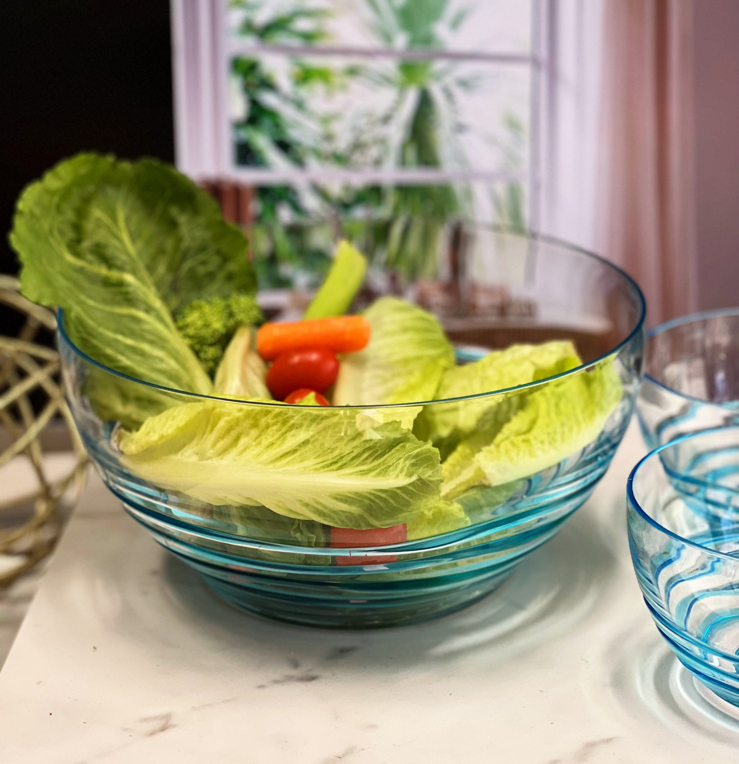 10" Clear and Blue Swirl Acrylic Round Salad Bowl