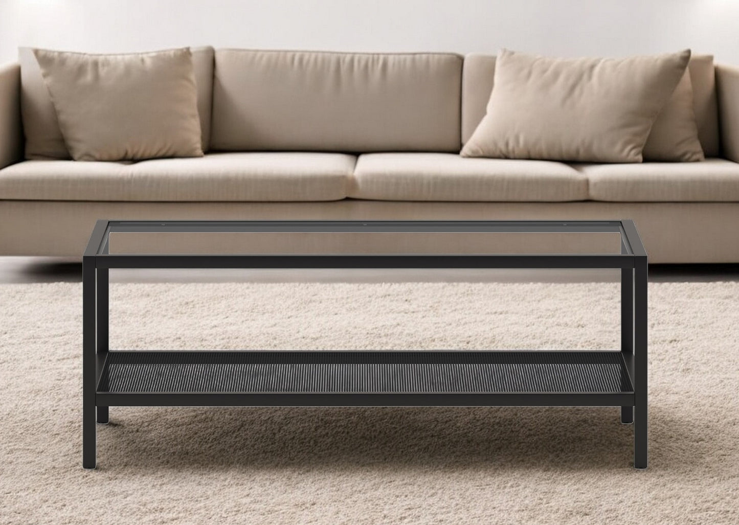 45" Clear And Black Glass And Steel Coffee Table With Shelf