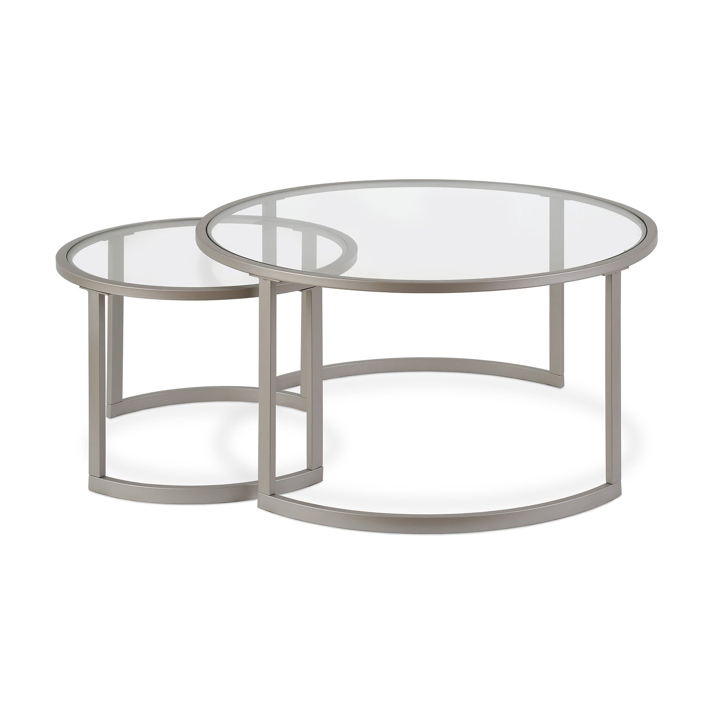 Set of Two 36" Nickel Glass And Steel Round Nested Coffee Tables