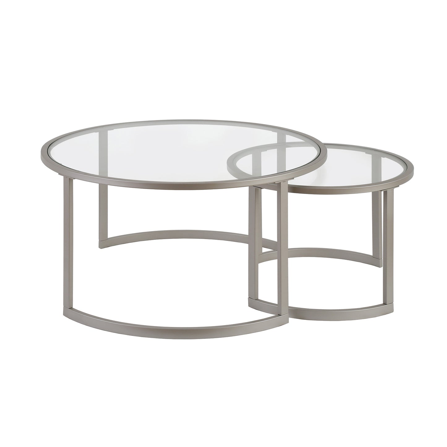 Set of Two 36" Nickel Glass And Steel Round Nested Coffee Tables