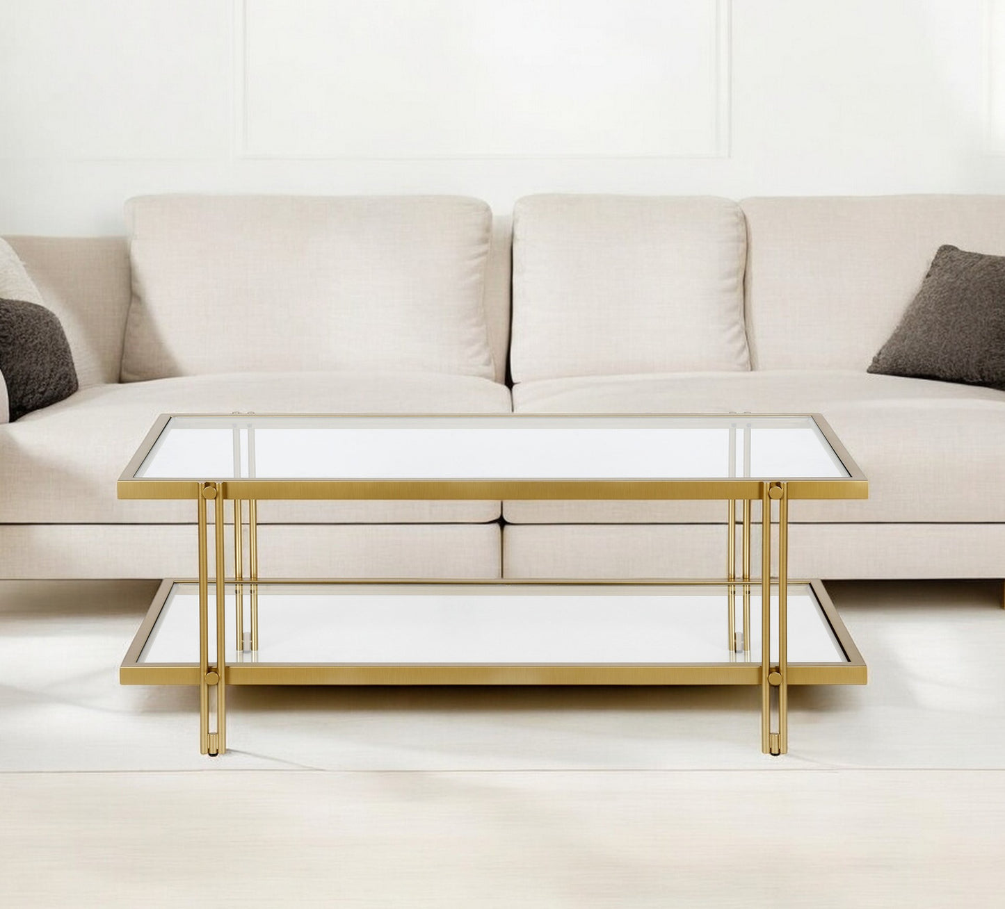 45" Gold Glass And Steel Coffee Table With Shelf