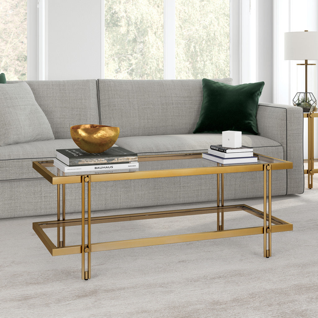 45" Gold Glass And Steel Coffee Table With Shelf