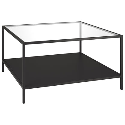 32" Black Glass And Steel Square Coffee Table With Shelf