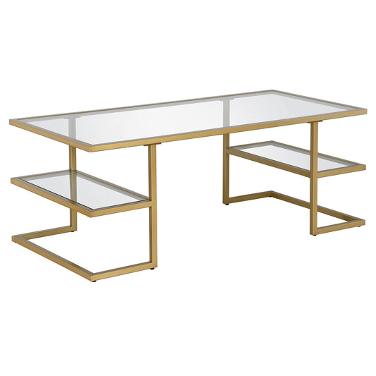 47" Gold Glass And Steel Coffee Table With Two Shelves