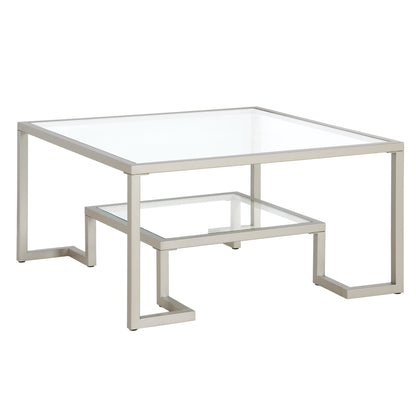 32" Silver Glass And Steel Square Coffee Table With Shelf