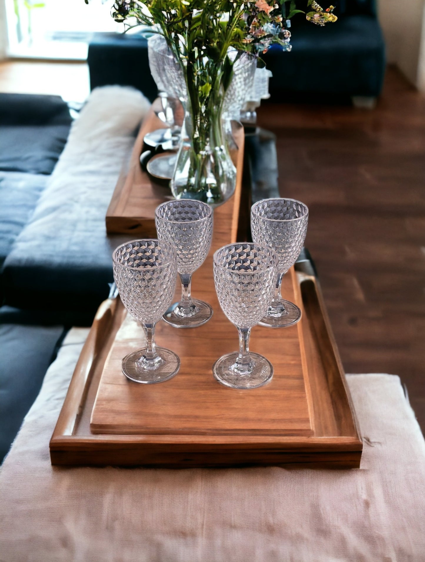 Set of Four Clear Diamond Acrylic Stemmed All Purpose Wine Glass