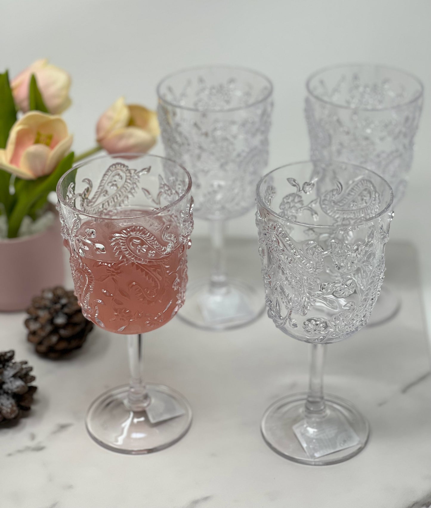 Set of Four Clear Paisley Acrylic Stemmed All Purpose Wine Glass