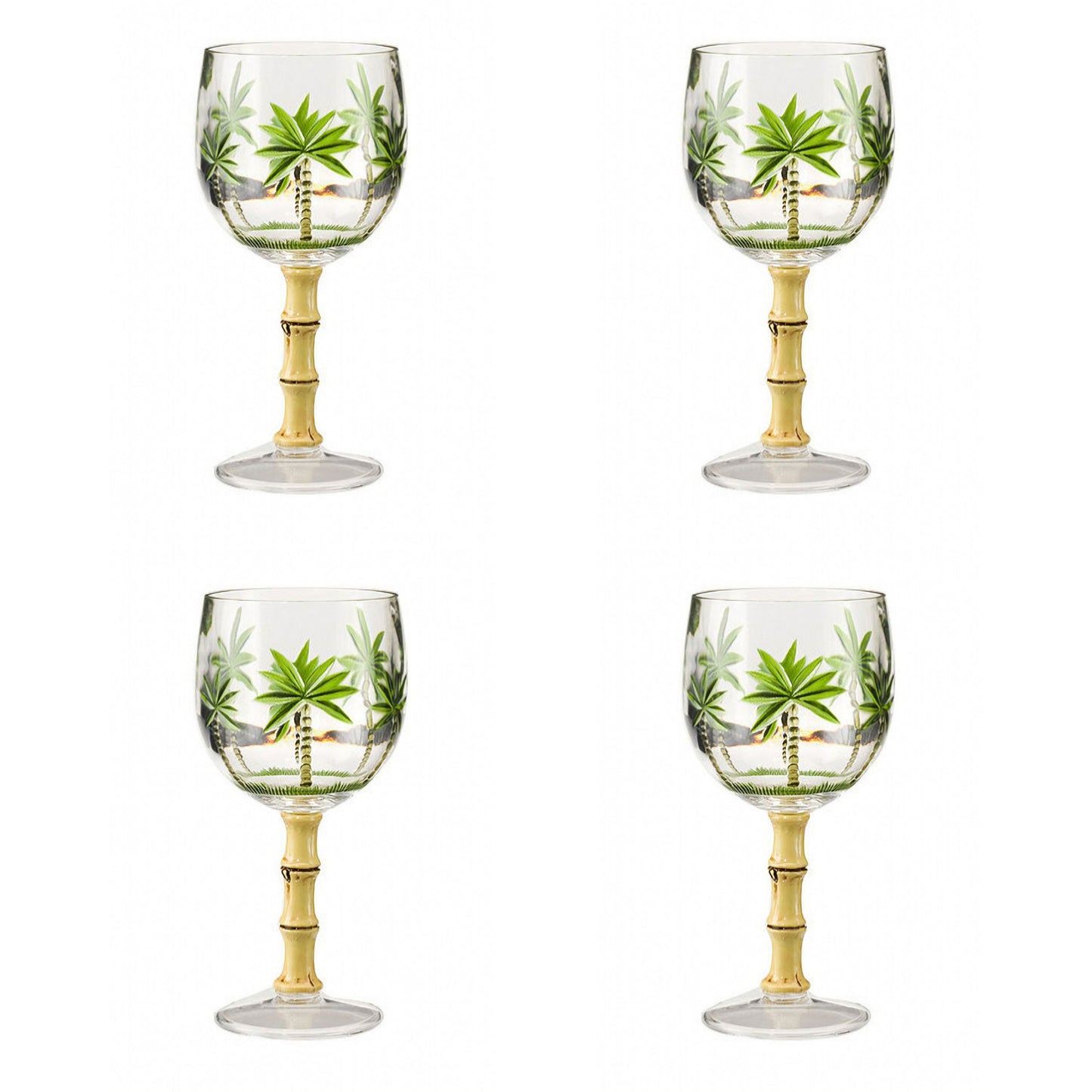 Set of Four Clear and Green Palm Tree Acrylic Stemmed All Purpose Wine Glasses