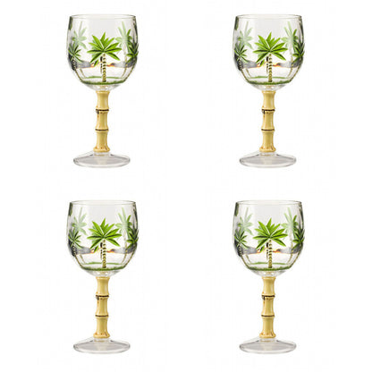 Set of Four Clear and Green Palm Tree Acrylic Stemmed All Purpose Wine Glasses