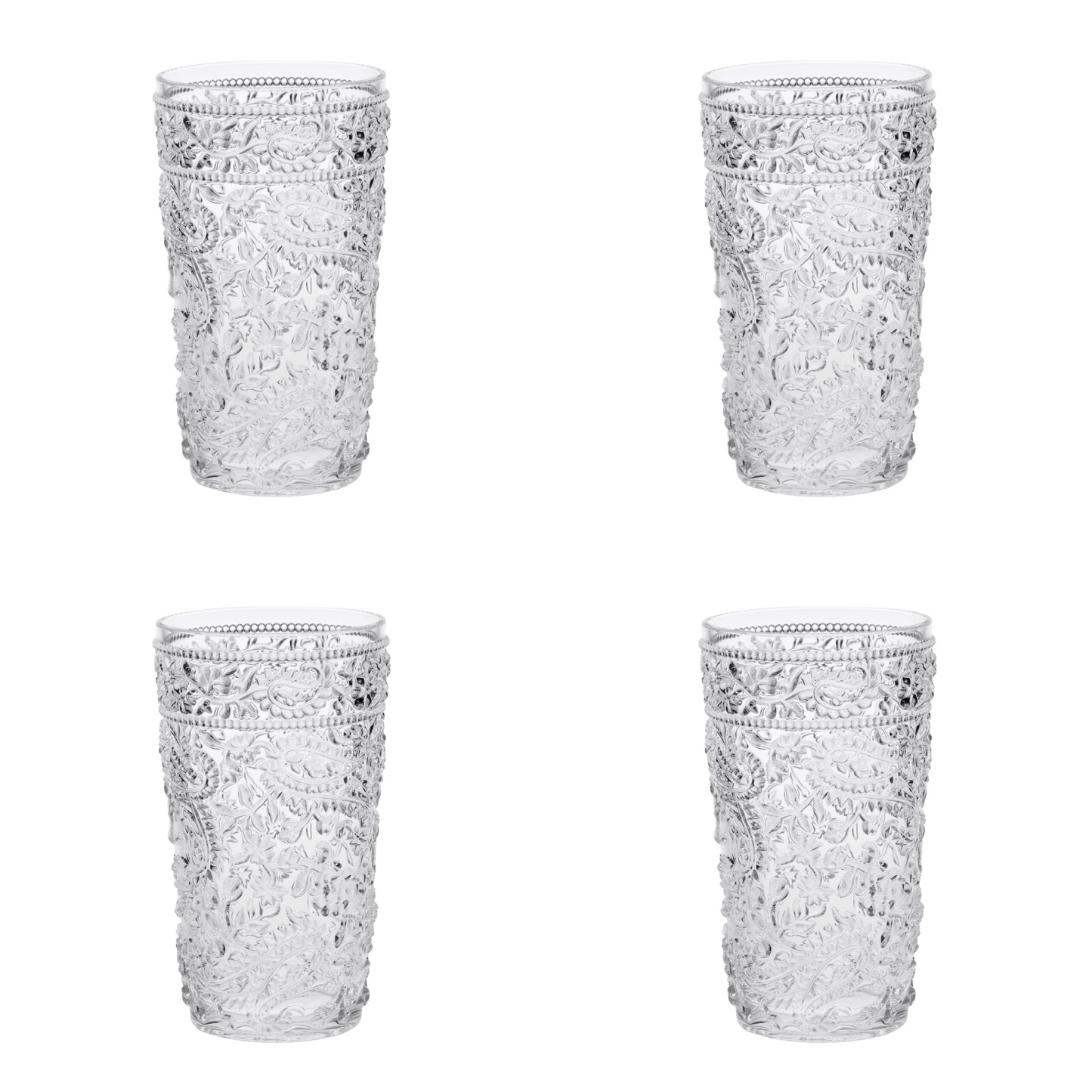 Set of Four Clear Paisley Acrylic Stemless Highball Glass