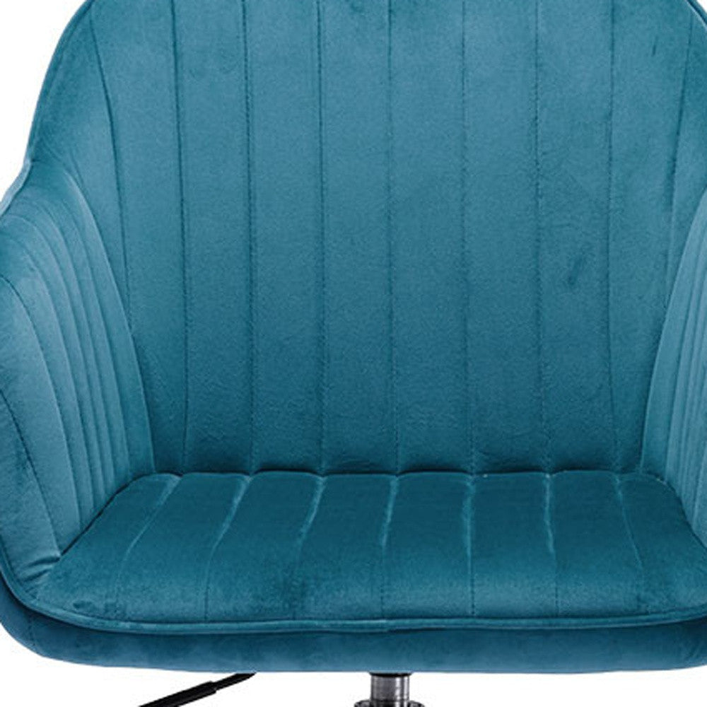 Tufted Teal Blue And Natural Velvet and Wood Dining Arm Chair