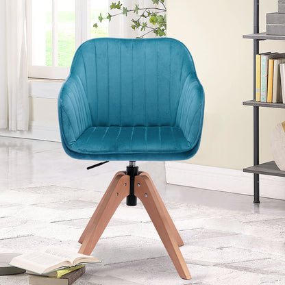 Tufted Teal Blue And Natural Velvet and Wood Dining Arm Chair