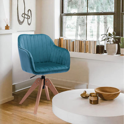 Tufted Teal Blue And Natural Velvet and Wood Dining Arm Chair